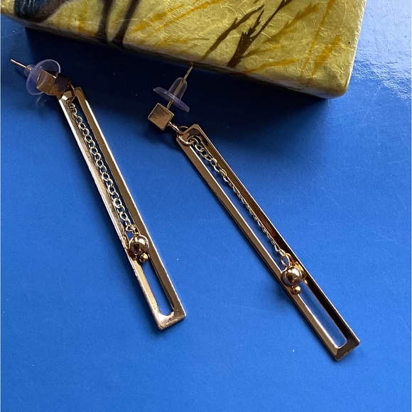 SALE..Unique Earrings. Long Rectangle Earrings, Dangling Chains Small Gold Balls - Picture 4 of 5